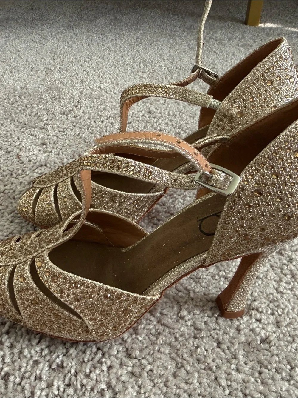 Bakers Gold Rhinestone T-Strap Peep-Toe Heels